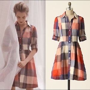 Moulinette Soeurs Anthropologie Reed Red blue plaid button shirt dress size 6